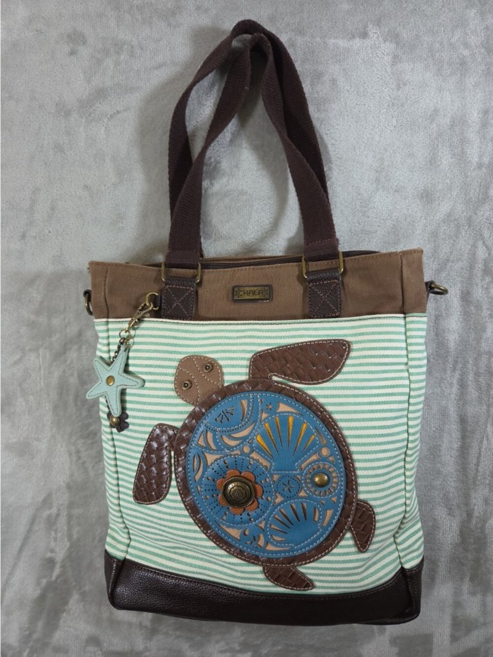 Chala Turquoise Tote Sea Turtles (Mom &  Baby) Teal and Brown Bag Purse Tote